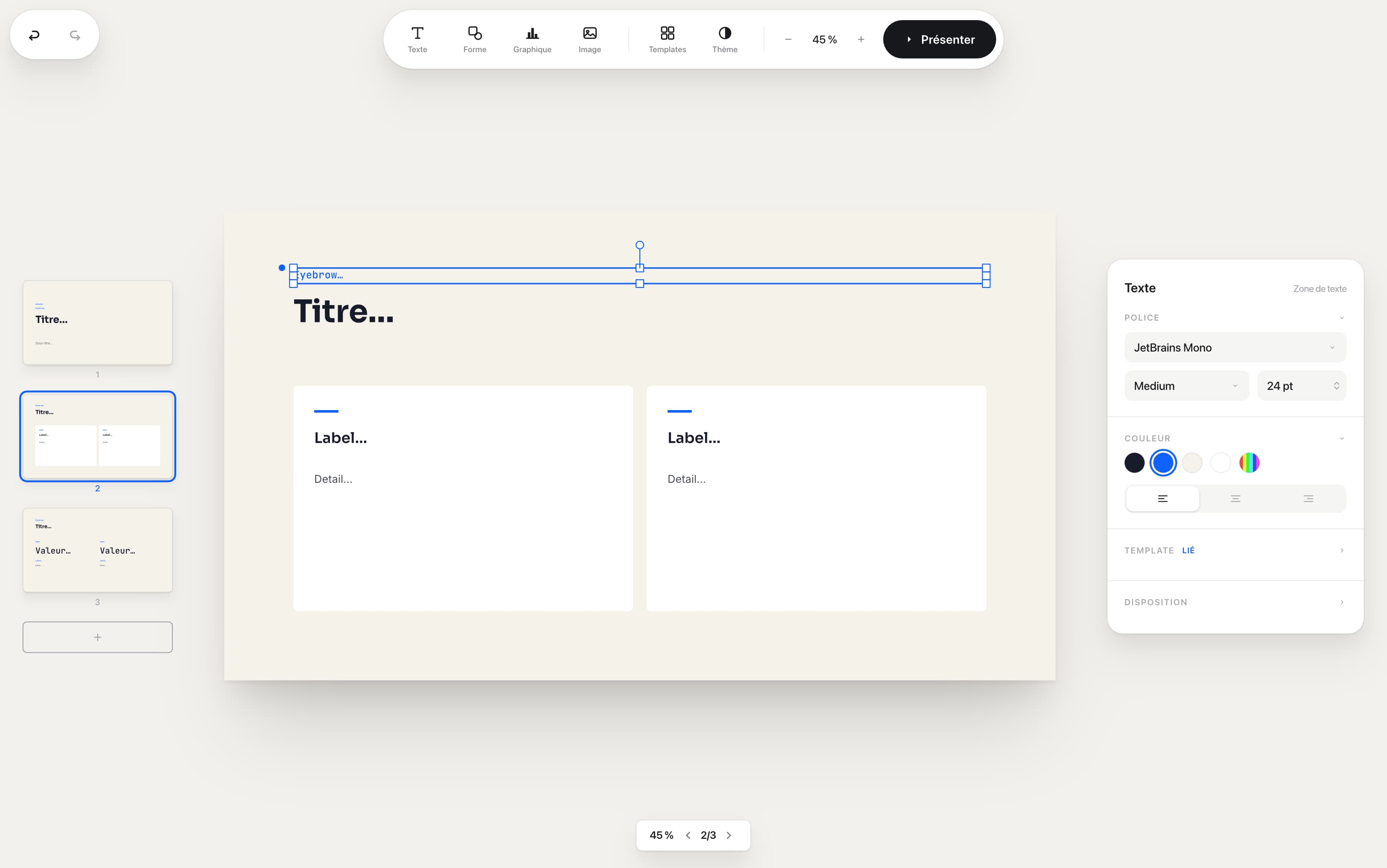 Actual Decktype interface with slide navigator, canvas and inspector