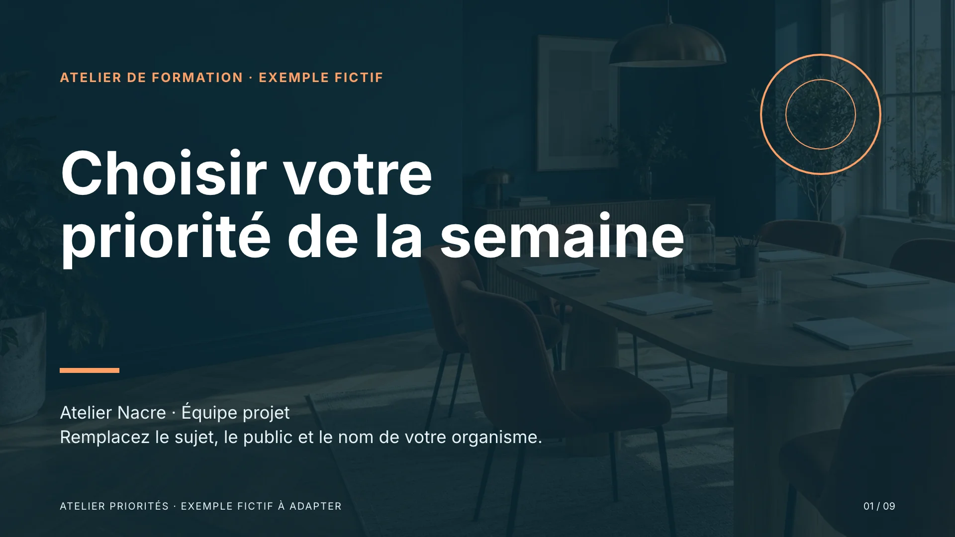 Couverture du modèle : Choisir votre priorité de la semaine, titre blanc sur une photographie de salle d'atelier voilée de bleu pétrole