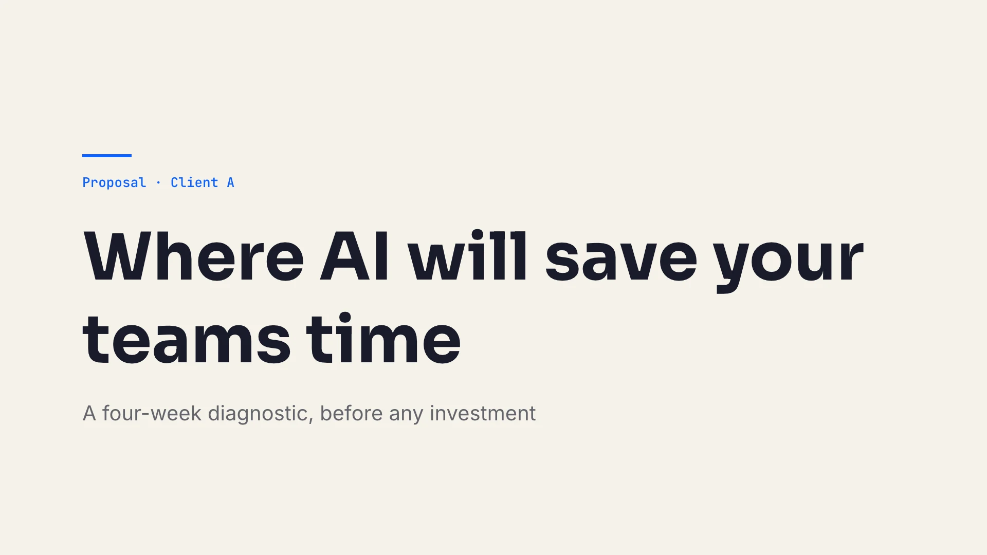 Slide 1, opening: "Where AI will save your teams time", a proposal for Client A, a four-week diagnostic