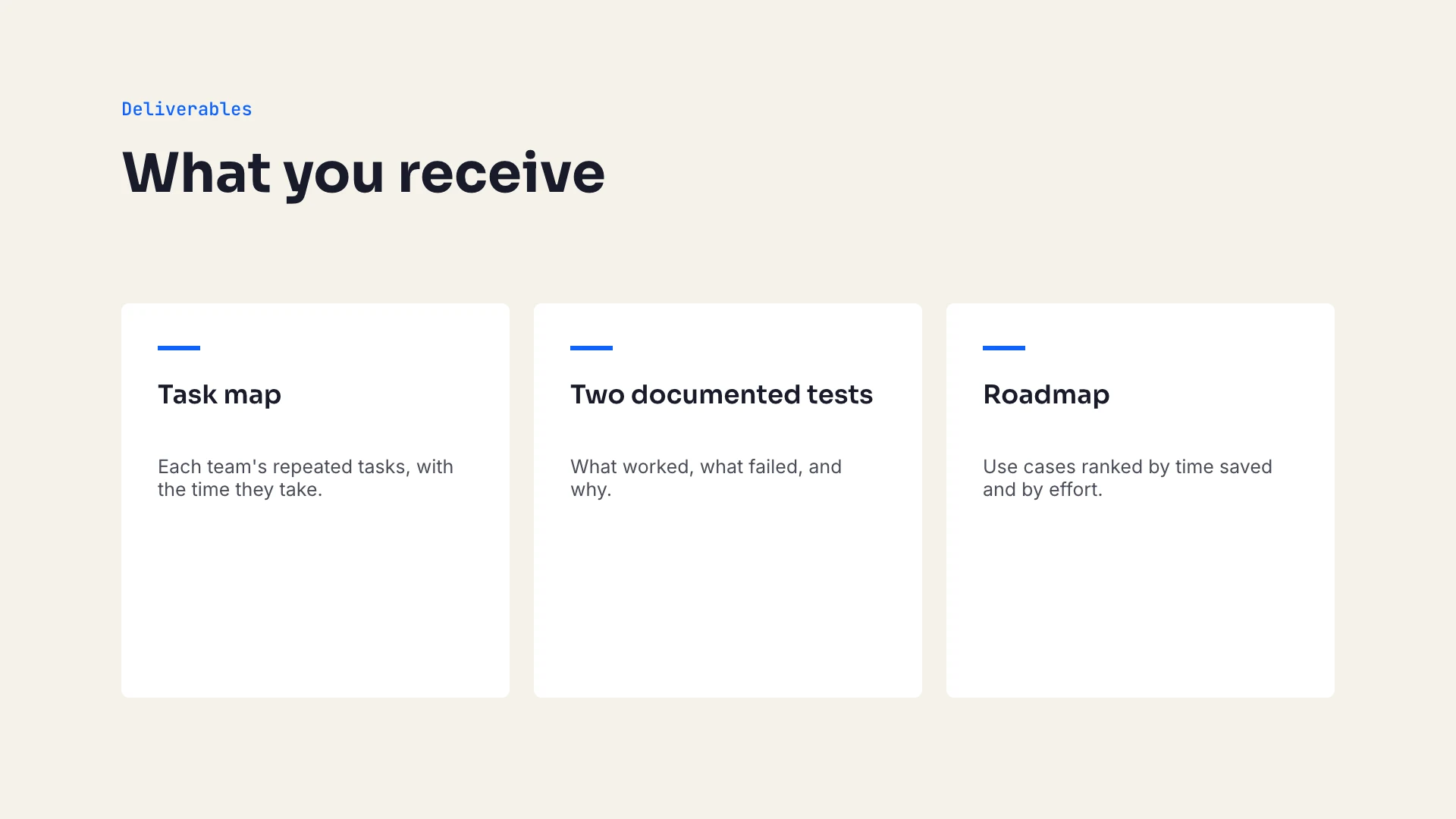 Slide 5, deliverables: three cards, task map, two documented tests, roadmap