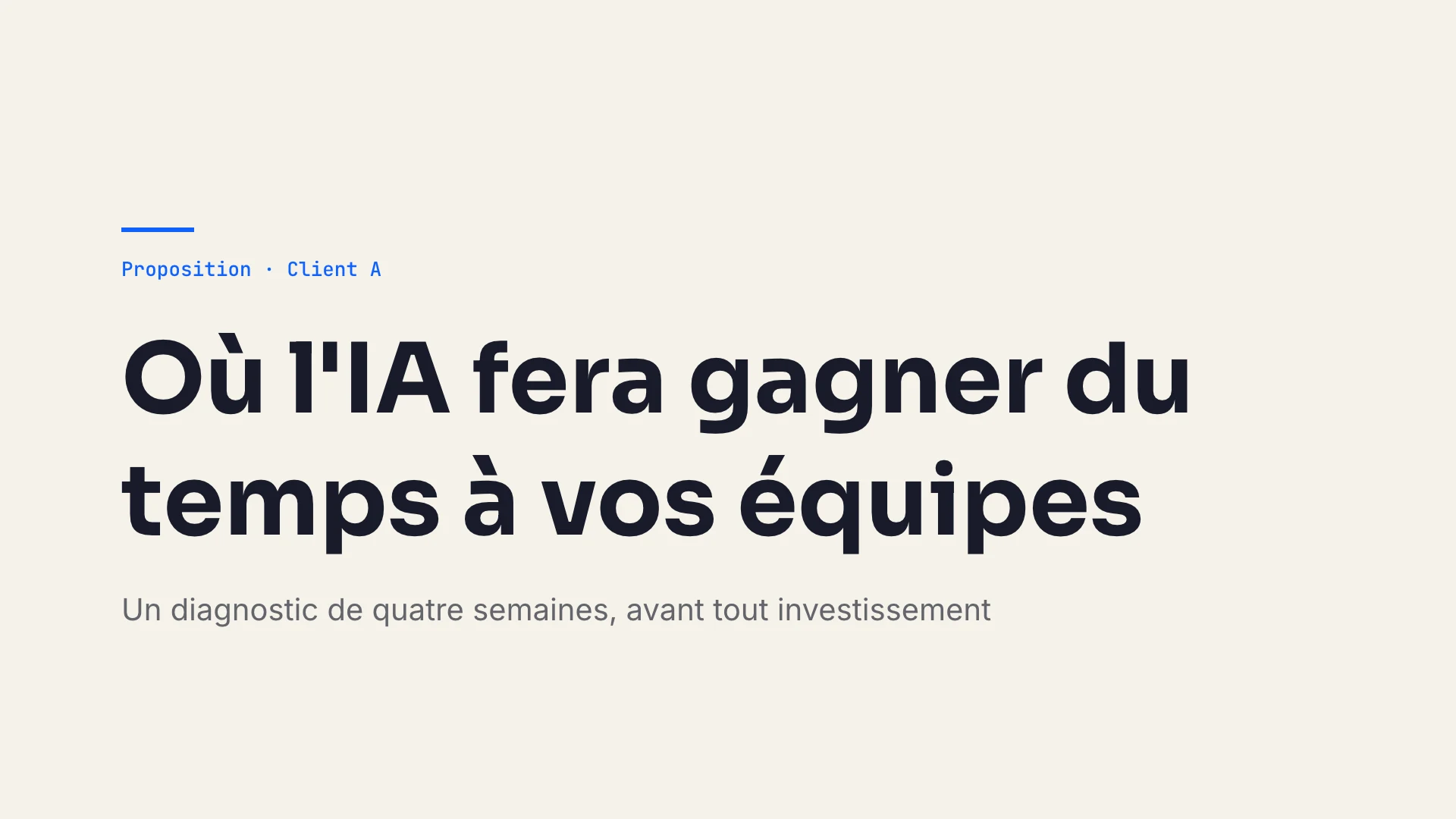 Slide 1, ouverture : « Où l'IA fera gagner du temps à vos équipes », proposition pour Client A, un diagnostic de quatre semaines