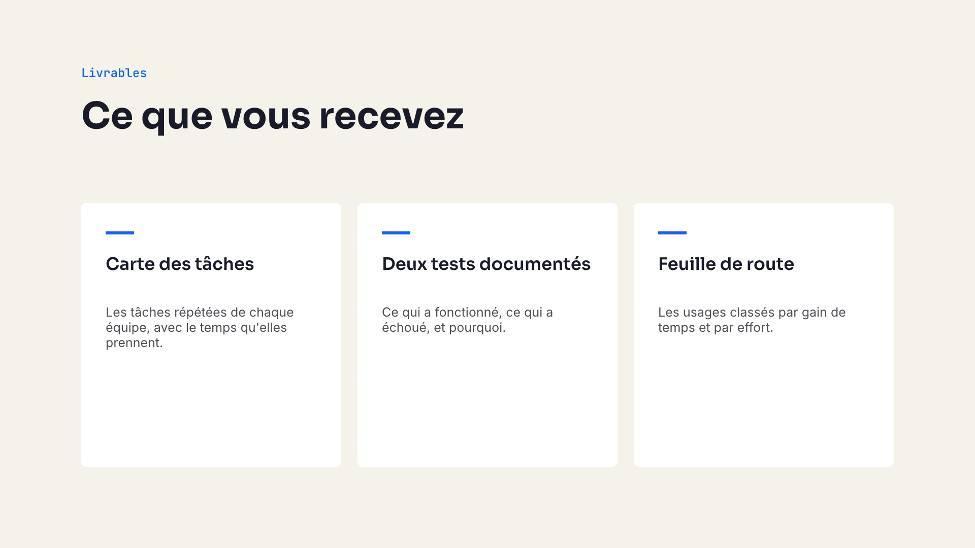 Slide 5, livrables : trois cartes, carte des tâches, deux tests documentés, feuille de route