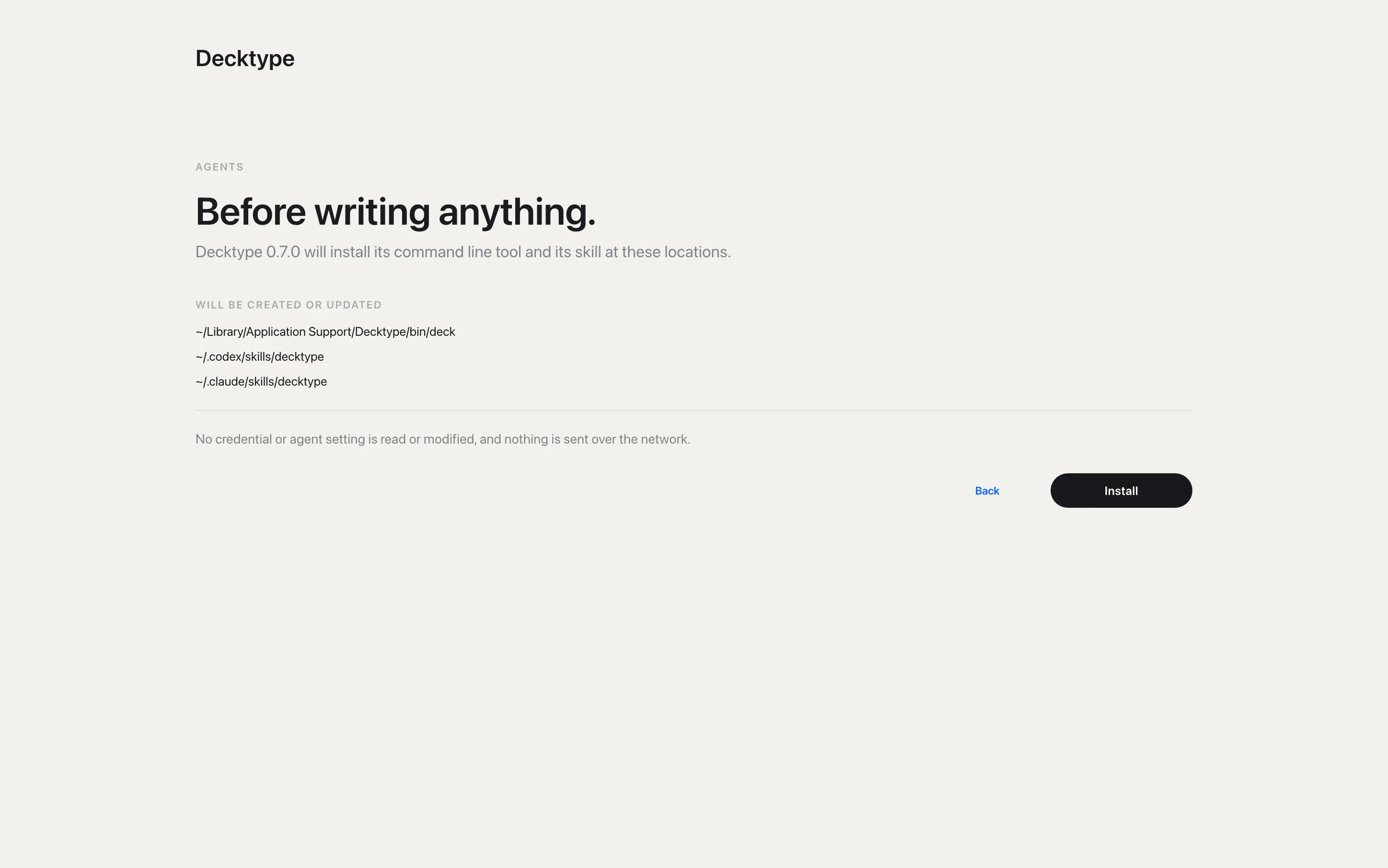 The confirmation screen listing the locations Decktype will create.