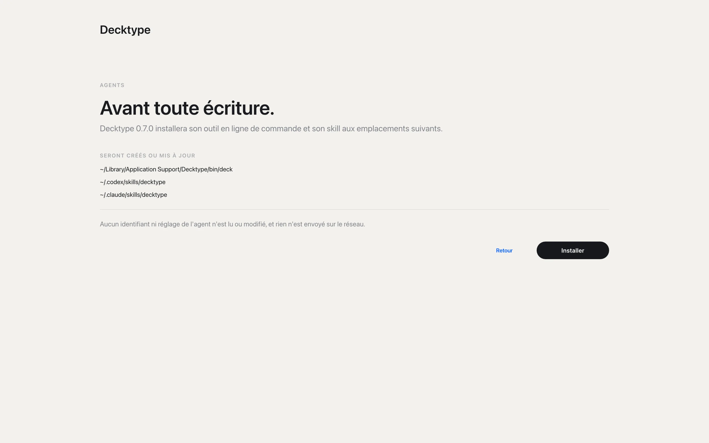 L'écran de confirmation listant les emplacements que Decktype va créer.