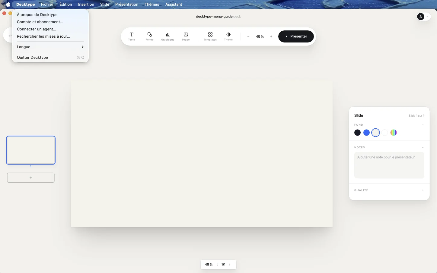 Le menu Decktype ouvert dans l'application 1.0.1, avec l'action Connecter un agent.